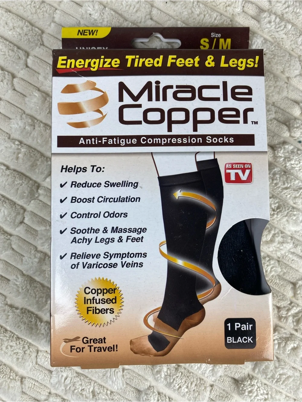Miracle Copper Anti-Fatigue Compression Socks Black Unisex S/M NIB
